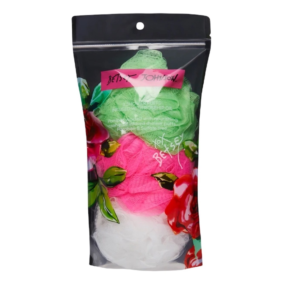 3 BETSEY JOHNSON Pink Green White Exfoliating Bath Shower Puffs Sponges NIP